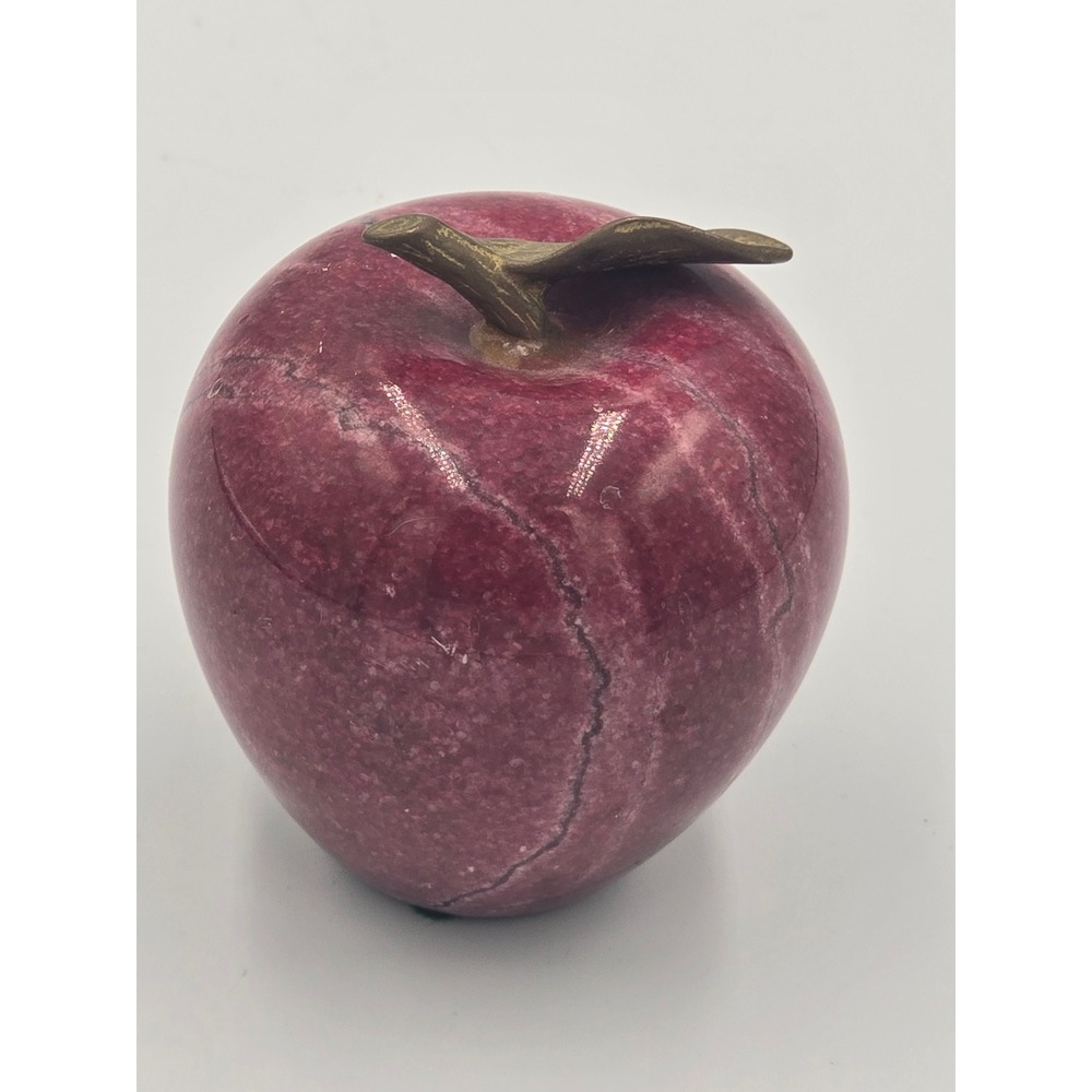 Vintage Magenta Marble Apple Paperweight with Brass Stem and Leaf Home Decor